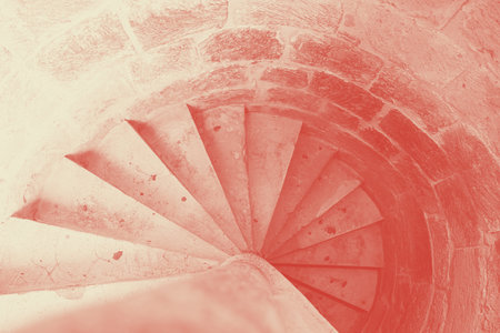 Old Spiral stairs of ancient   made from stones, top view, horizontal, mediterranean, cyprus,...