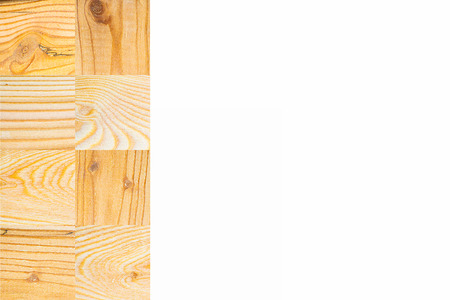 Line of textured wooden square blocks on white background, Horizontal with copy space for text and design about wood work, natural timber and buildingの写真素材