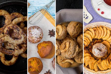 Food collage from photos of home made pastry: muffins with dried fruits and with pumpkin topped with sugar powder, apple tart, curds sweet savouries. Horizontalの写真素材