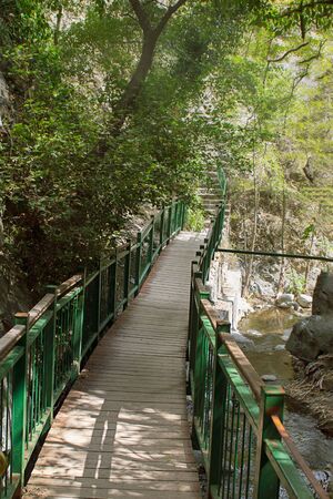 Small bridge next to milomeris waterfall, Cyprus, surrounded by trees, with sun light come throug. Vertical with copy spaceの写真素材