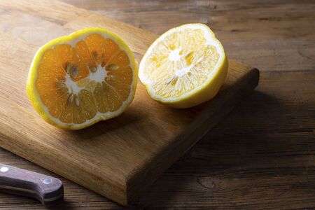Ugly double organic lemon cut into two pieces unusual shape on wooden surface with knife. Buying imperfect product to reduce food waste. Yellow bright color fruit. Eco trend. Horizontal. Cookingの写真素材