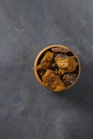 Wild Chaga Mushroom lives on birch bark in bowl on darkの写真素材