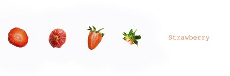 Photographic collage with pieces of ripe red strawberry on white background with title. Long banner. Macro square image about fresh organic berries, harvets, healthy food and vitamin Cの写真素材