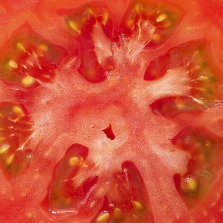 Closeup of red ripe tomato, macro slice with seeds. Square background for wallpaper about organic vegetables, healthy food, ingredient for salad and vegeterian dishes. Top view.の写真素材