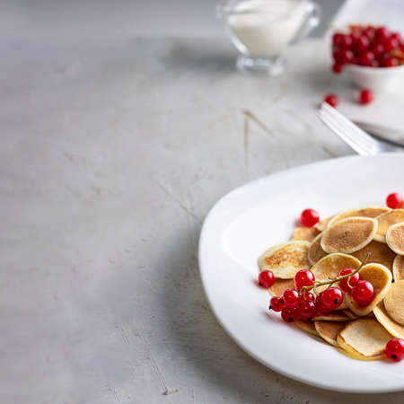 Tiny pancake cereal on white plate served with red currant berries and ingredients on grey cement table. Trendy breakfast, small round baked crepe batter drops. Homemade food. Square with copy spaceの写真素材