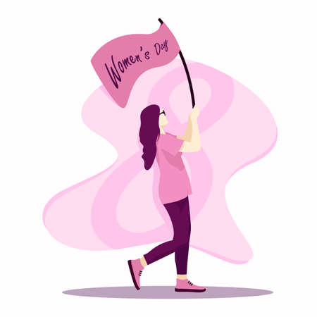 girl illlustration with flag womens day sale discount for your promotion sales. website sales template. online shop. material. sales background. promotion banner. leaf. pinkのイラスト素材