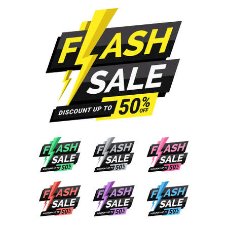 set of flash sale discount sticker template with lightning illustration perfect for boost your product promotion sales, perfect for your design promotion needsのイラスト素材