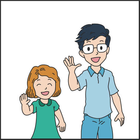 cartoon character girl and boy waving hand on white backgroundのイラスト素材