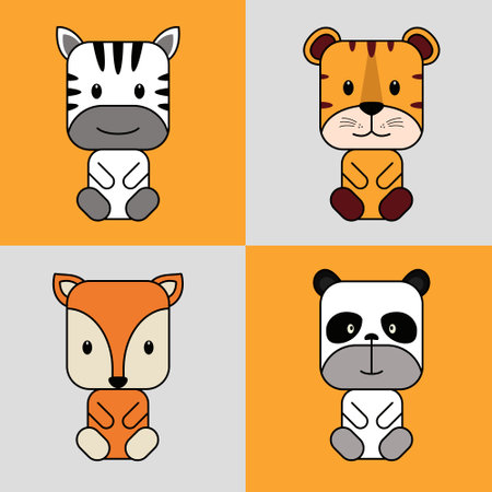 vector animals and illustration with square cute face collection perfect for your design need, for childrenのイラスト素材