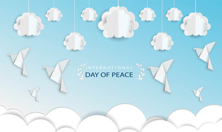 Clouds and dove with origami paper International peace dayのイラスト素材