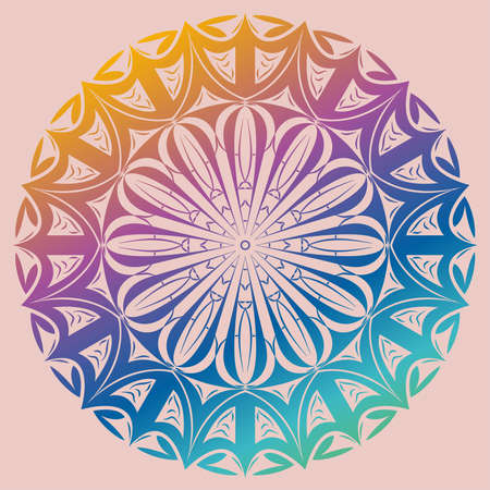 Round gradient mandala on white isolated background. Vector hobo mandala in green and pink colors. Mandala with floral patterns. Yoga templateのイラスト素材
