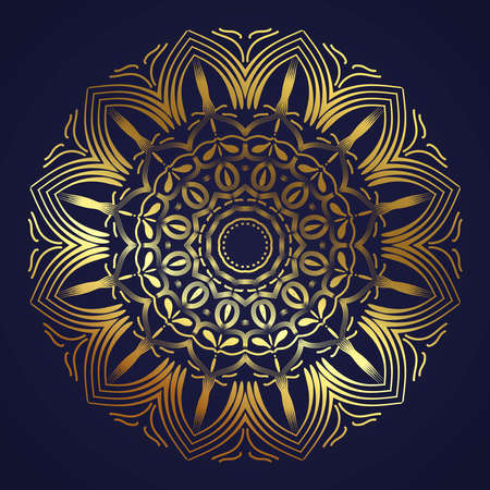 Decorative ornate round mandala. Vintage vector pattern. Golden stickers, flash temporary tattoo, mehndi and yoga design, boho, magic symbol. Gold over black.のイラスト素材