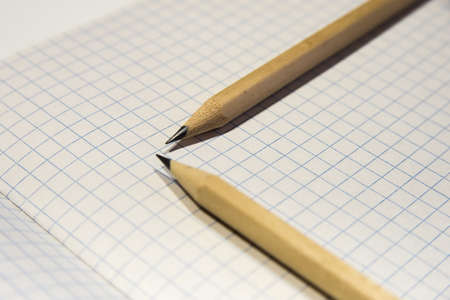 two pencils lie on a piece of paper in a cage, close-up, checkered backgroundの写真素材