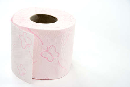 pink toilet paper roll, white background, close-up, butterflies on toilet paper, clean toilet paperの写真素材