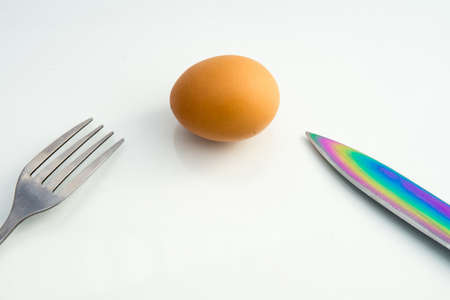 steel dining fork in the egg shell and butter knife on a white background closeupの写真素材