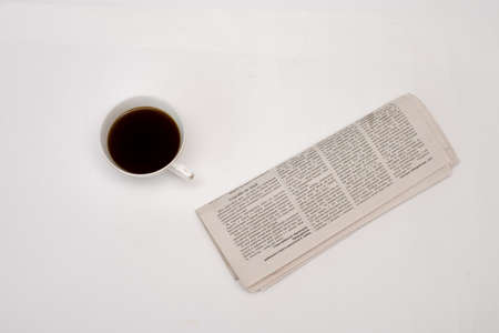 fresh coffee mug and new newspaper white background, top view, layout,のeditorial素材