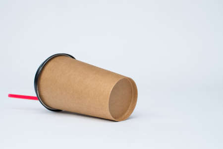 Blank take away kraft coffee cup isolated on white backgroundの写真素材