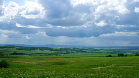 landscape, green agricultural fields on the horizon forest, and the sky with large dark Cumulus cloudsの写真素材