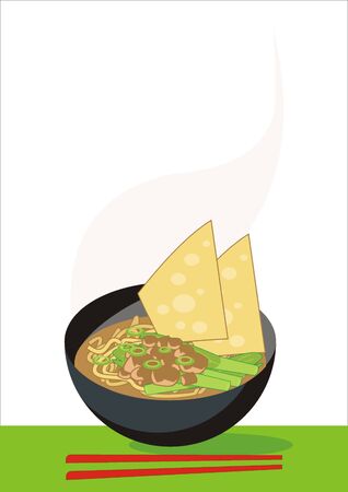 A bowl of hot steamy  chicken noodle soup topped with fried wonton skin, minced chicken, bok choy, and spring  onionのイラスト素材