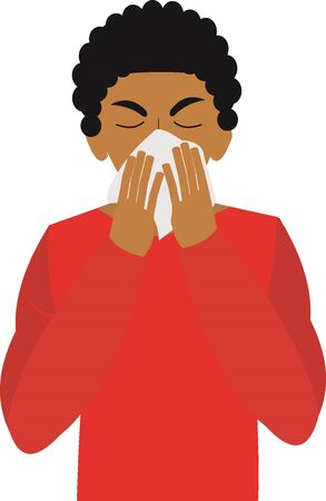 A young man sneezing and covering his nose and mouth with tissueのイラスト素材