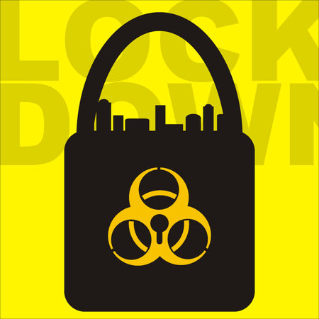 Vector flat illustration depicting a lock with city skyline silhouette and bio hazard symbol,...