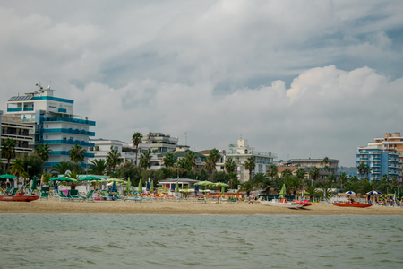 The beach with hotels and palm trees from  San Benedetto del Tronto, Adriatic Sea, Ascoli Piceno, Italyのeditorial素材
