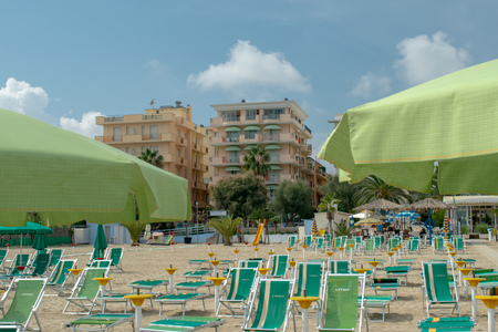 The beach with hotels and palm trees from  San Benedetto del Tronto, Adriatic Sea, Ascoli Piceno, Italyのeditorial素材