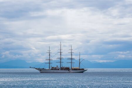 Sailing ship in Amalfi Harbor Marina Coppola, Amalfi Port, province of Salerno, the region of Campania, Amalfi Coast, Costiera Amalfitana, Italyの写真素材
