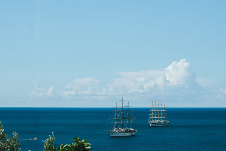 View of sailing ship off the coast, Amalfi Coast, Campania, Costiera Amalfitana, Italyのeditorial素材