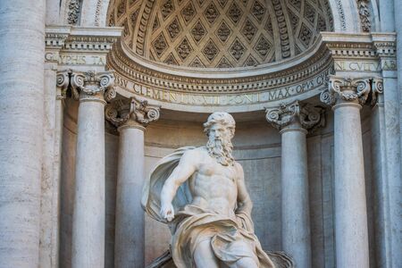 Trevi Fountain or Fontana di Trevi detail of the statue of the God of the Ocean, Rome, Italyの写真素材