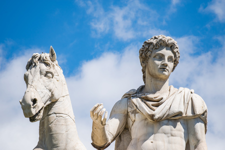The statue of Castor that adorns the Piazza del Campidoglio in Rome, Senatorial Palaceのeditorial素材