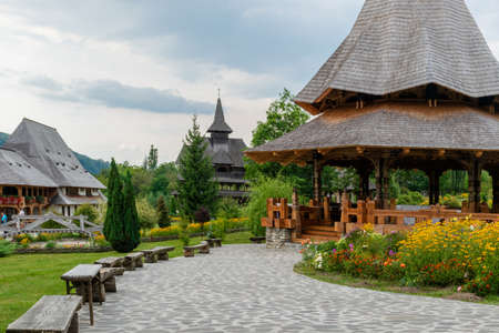 The courtyard of Barsana Monastery, Maramures, Romaniaのeditorial素材