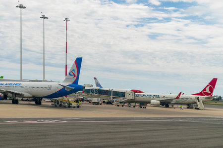 Planes of Different Airlines Stand At Rome, the Fiumicino International Airport Leonardo Da Vinciのeditorial素材