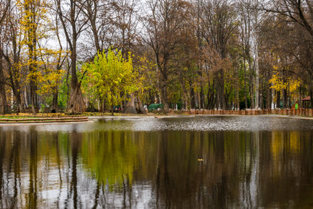 The recreational lake in the Roman park reflecting the colors of autumn, Romaniaの写真素材