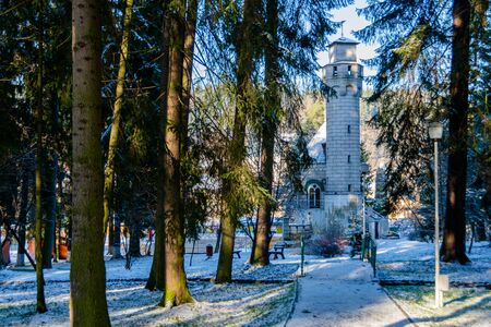 Vatra Dornei municipal park in a winter landscape, Romaniaの写真素材