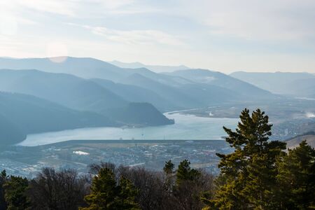 The lake Batca Doamnei seen from the Cozla Mountain, Piatra Neamt, Romaniaの写真素材