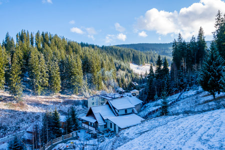 Houses covered with snow seen from the chairlift, Vatra Dornei, Romaniaのeditorial素材