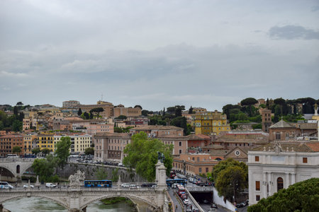 Panoramic view of the St. Angelo Bridge, Ponte Sant'Angelo, Sant' Angelo Castle, Mausoleum in Rome, Italyのeditorial素材