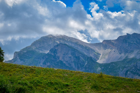 An overview that captures the mountain chain Gran Sasso located in the National Park Gran Sasso in Prati di Tivo,Teramo province,Abruzzo region Italyの写真素材