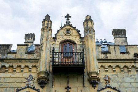 A balcony with towers from Sturdza Castel, Miclauseni, Romania
