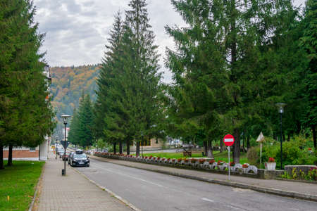The way that leads to the Central Park of Slanic Moldova, Bacau, Romaniaのeditorial素材