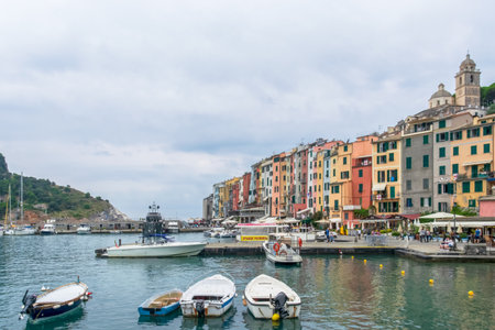 The Church of San Lorenzo and colorful buildings from Porto Venere, La Spezia, Italyのeditorial素材