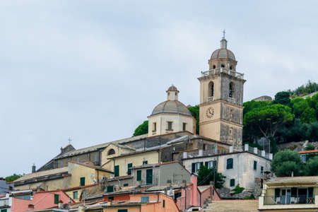 The Church of San Lorenzo and colorful buildings from Porto Venere, La Spezia, Italyのeditorial素材