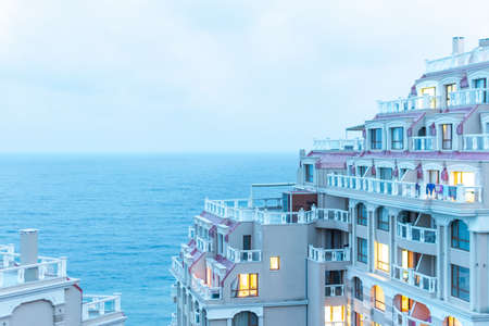 Bulgarian buildings at the Black Sea illuminated by the sunsetのeditorial素材
