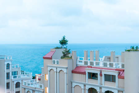 Bulgarian buildings at the Black Sea illuminated by the sunsetのeditorial素材