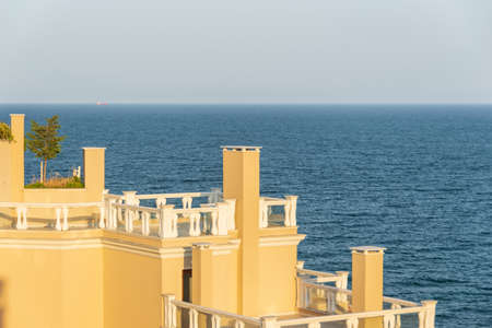 Bulgarian buildings at the Black Sea illuminated by the sunsetのeditorial素材