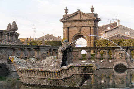 Stone Boat with Archer Fountain Detail at Fontana dei Mori, Villa Lante, Bagnaia, Italyの写真素材