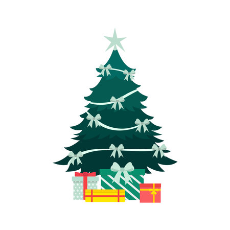 New Year tree with decorations and gifts. Vector illustrationのイラスト素材