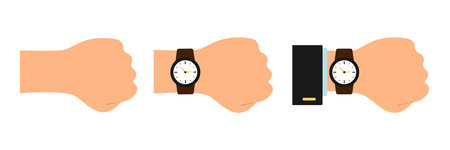 Watch on the wrist. Time symbol isolated on blue background. Set of illustrations