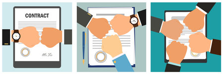 Set of icons. Hands clench into fists and beat each other.  White isolated vector stock illustration.のイラスト素材